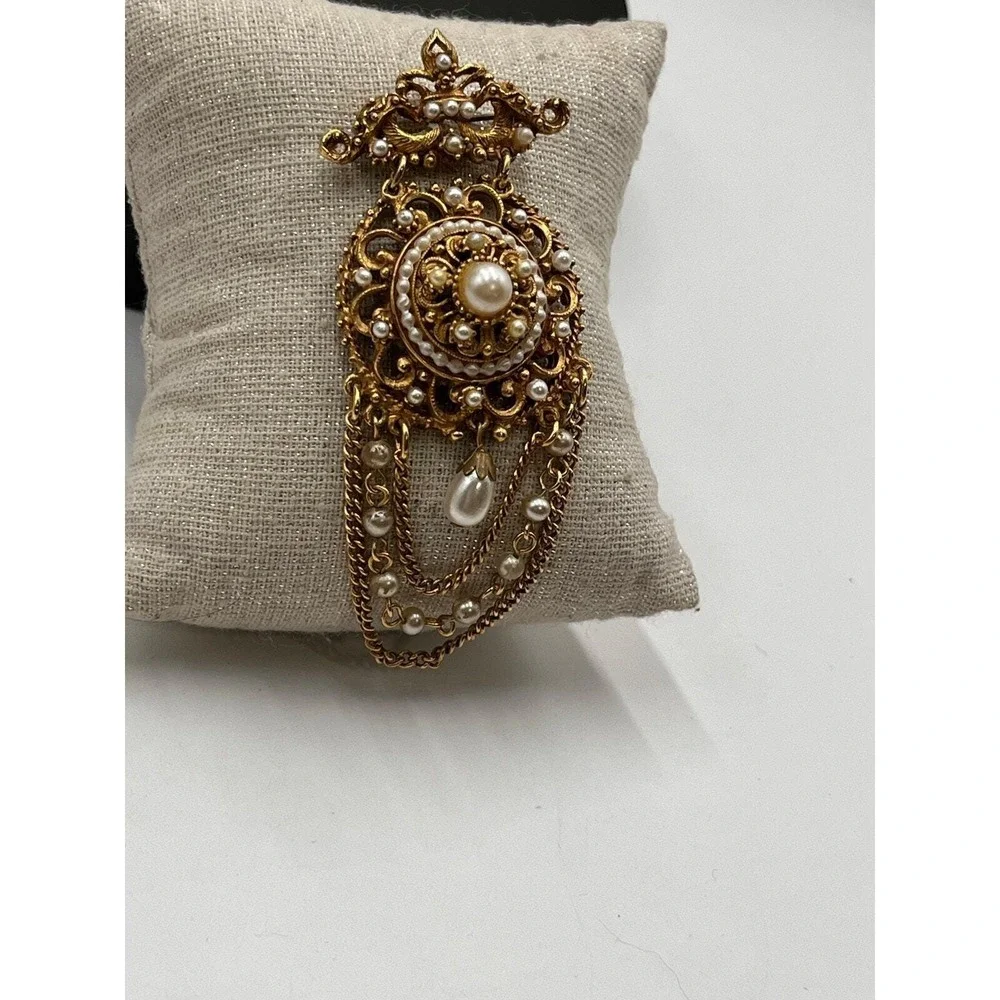 Florenza Vintage Renaissance Revival Faux Pearl‎ Festoon Victorian Dangle Brooch